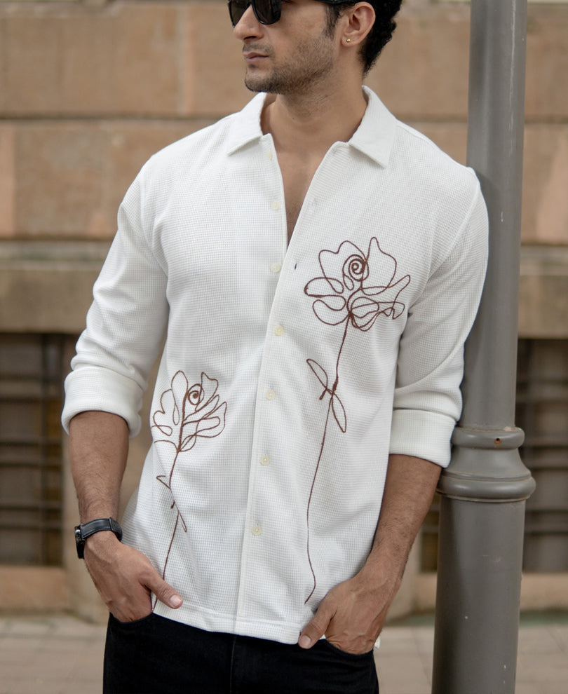 Off White Knitted Embroidery Shirt.