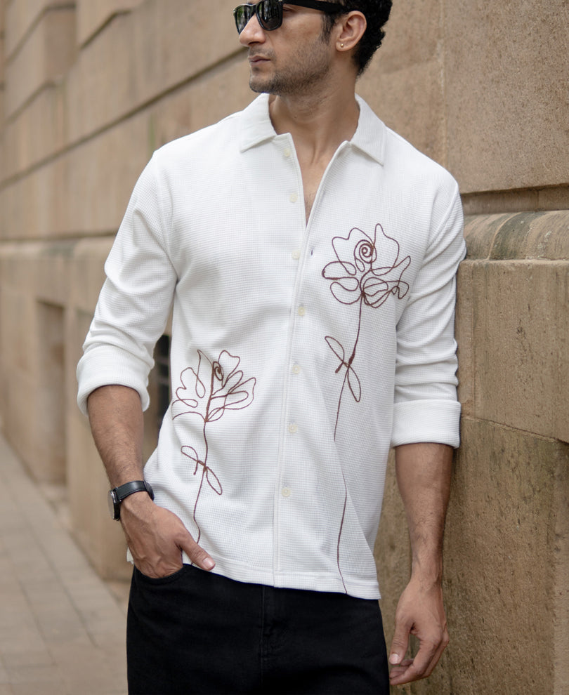 Off White Knitted Embroidery Shirt.