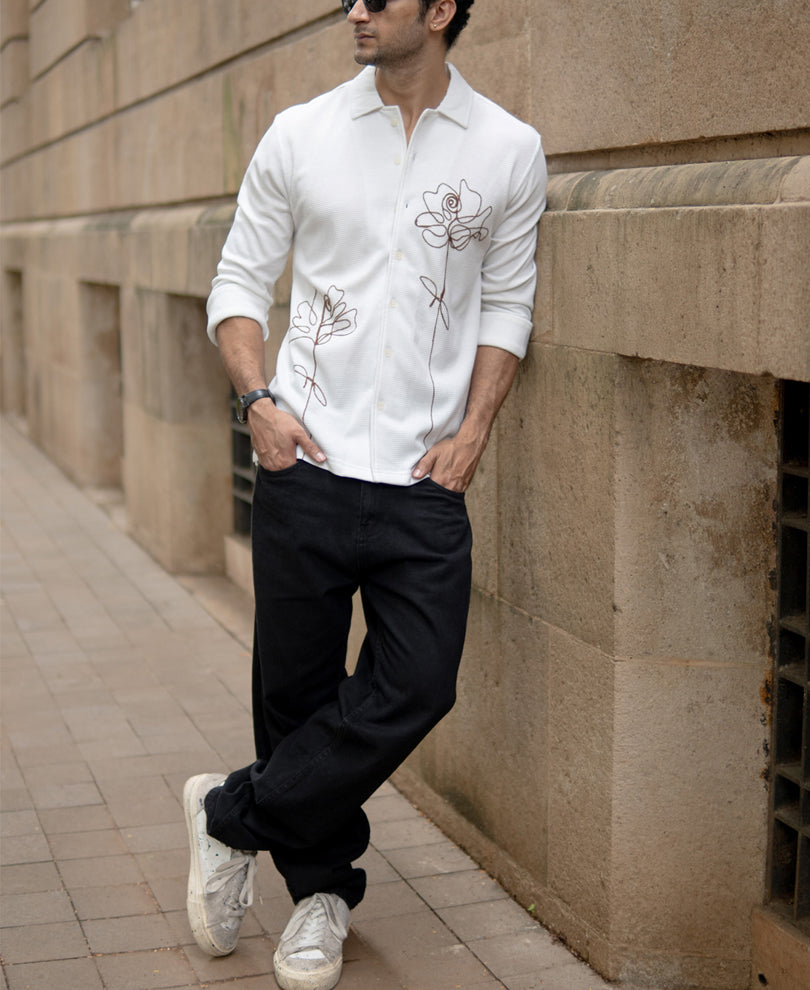 Off White Knitted Embroidery Shirt.