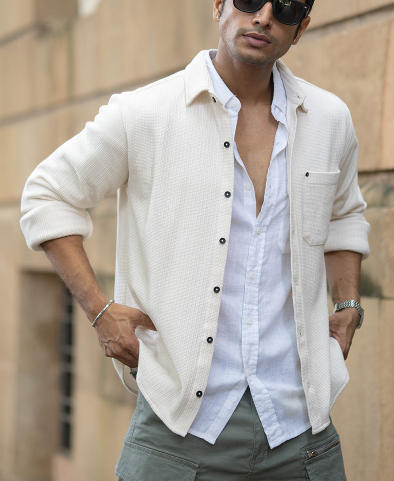 Cream Structured Shirt With Pocket.