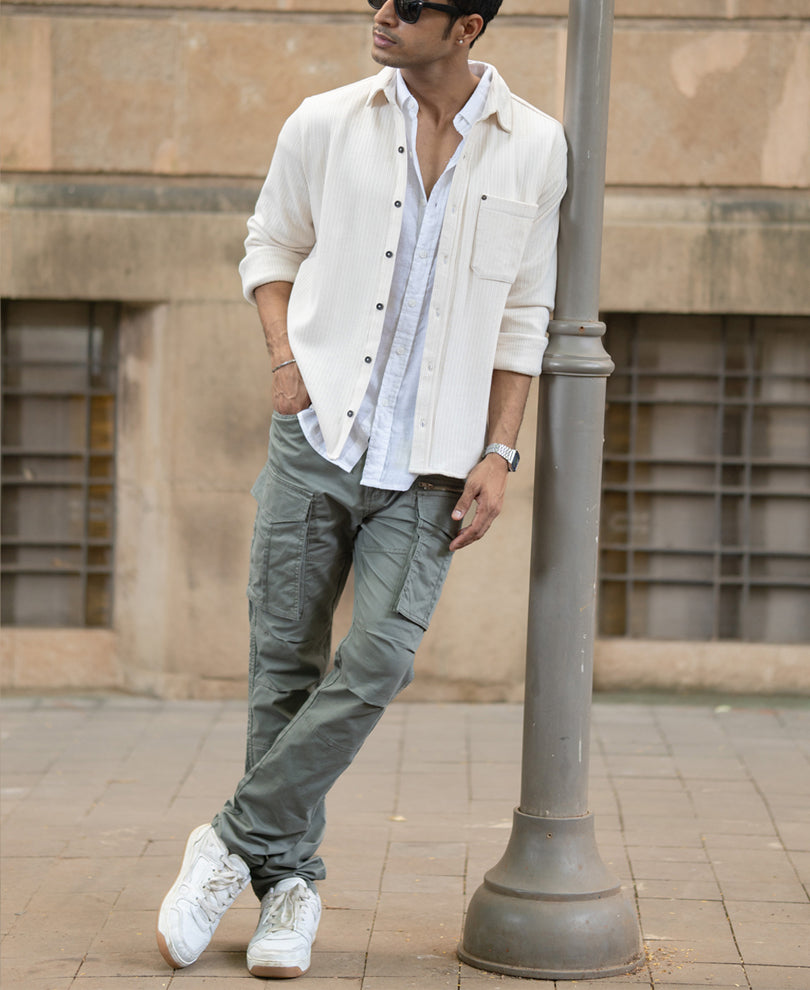 Cream Structured Shirt With Pocket.