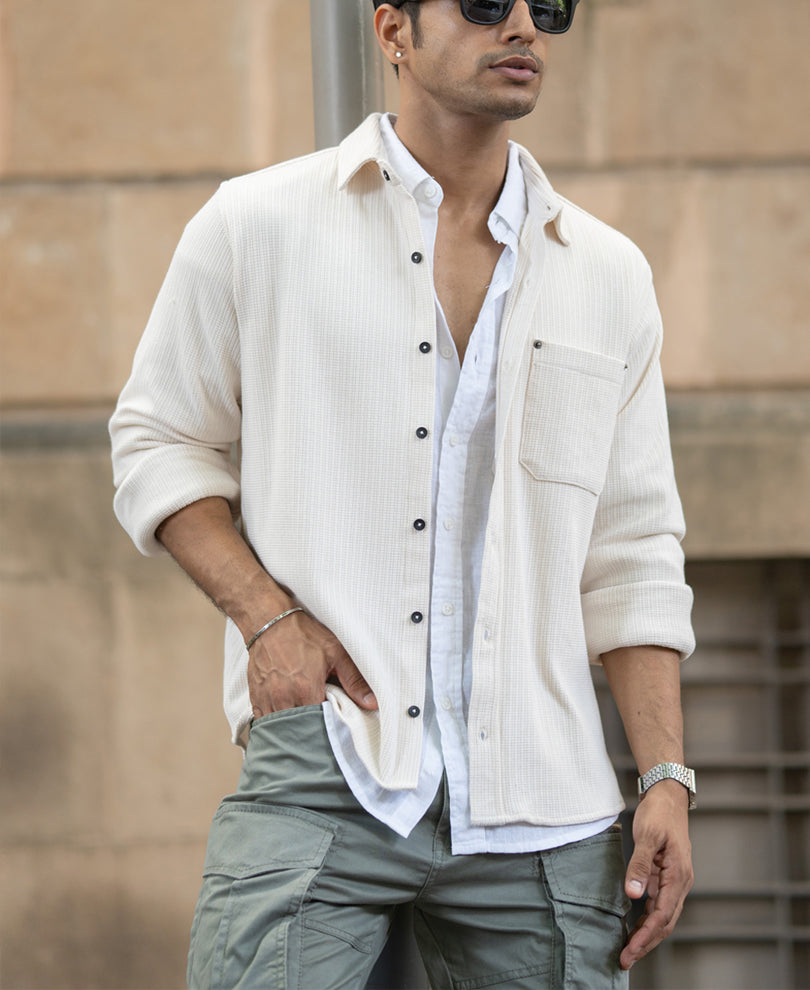 Cream Structured Shirt With Pocket.