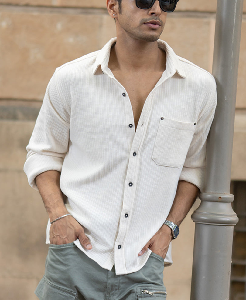 Cream Structured Shirt With Pocket.