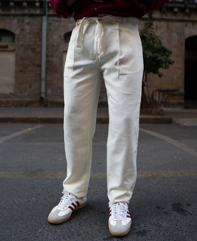Cream Cotton Pants With Belt.