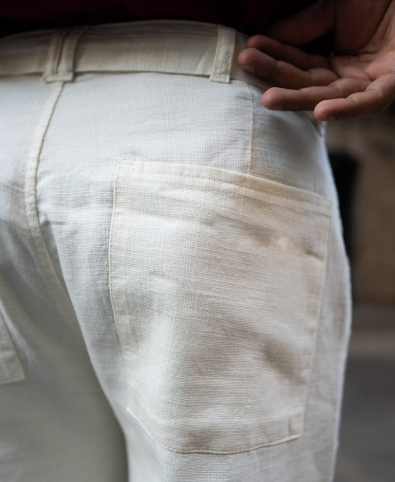 Cream Cotton Pants With Belt.