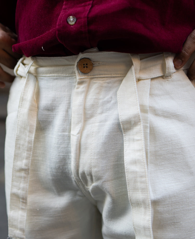Cream Cotton Pants With Belt.
