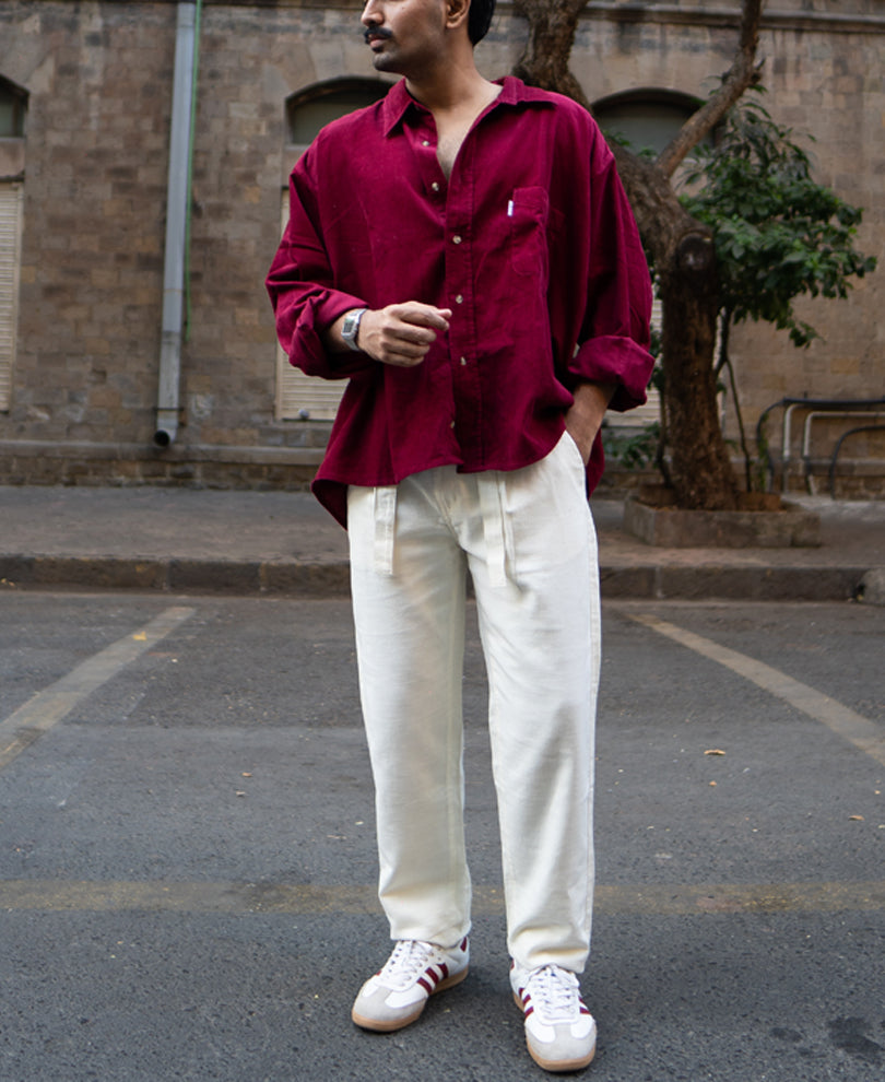 Cream Cotton Pants With Belt.