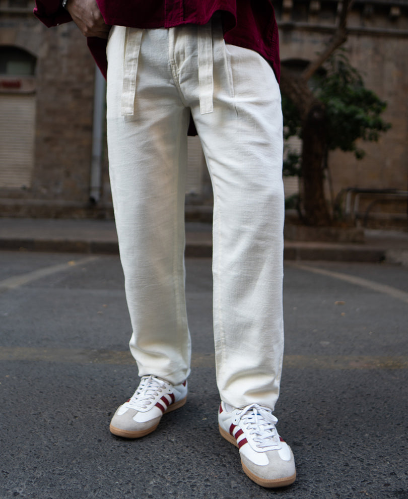 Cream Cotton Pants With Belt.