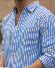 Blue Seersucker Striped Shirt.