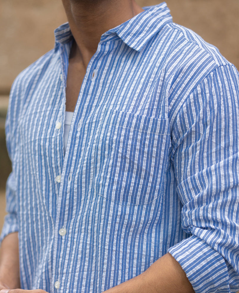 Blue Seersucker Striped Shirt.