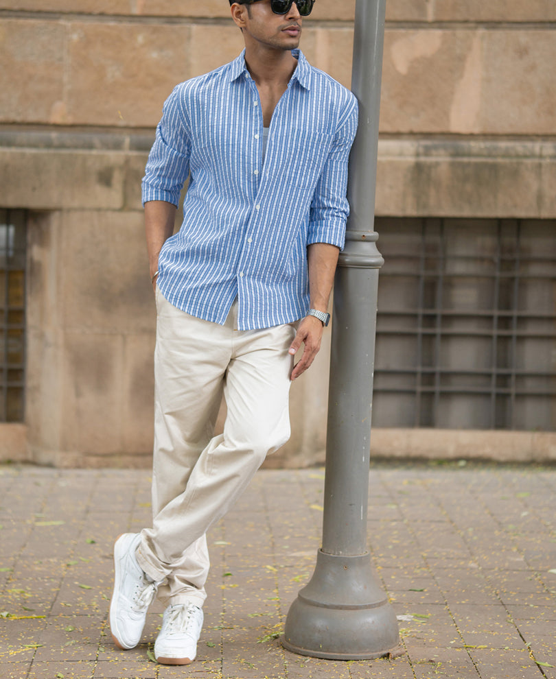 Blue Seersucker Striped Shirt.