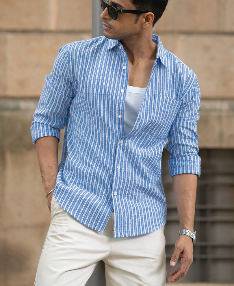 Blue Seersucker Striped Shirt.