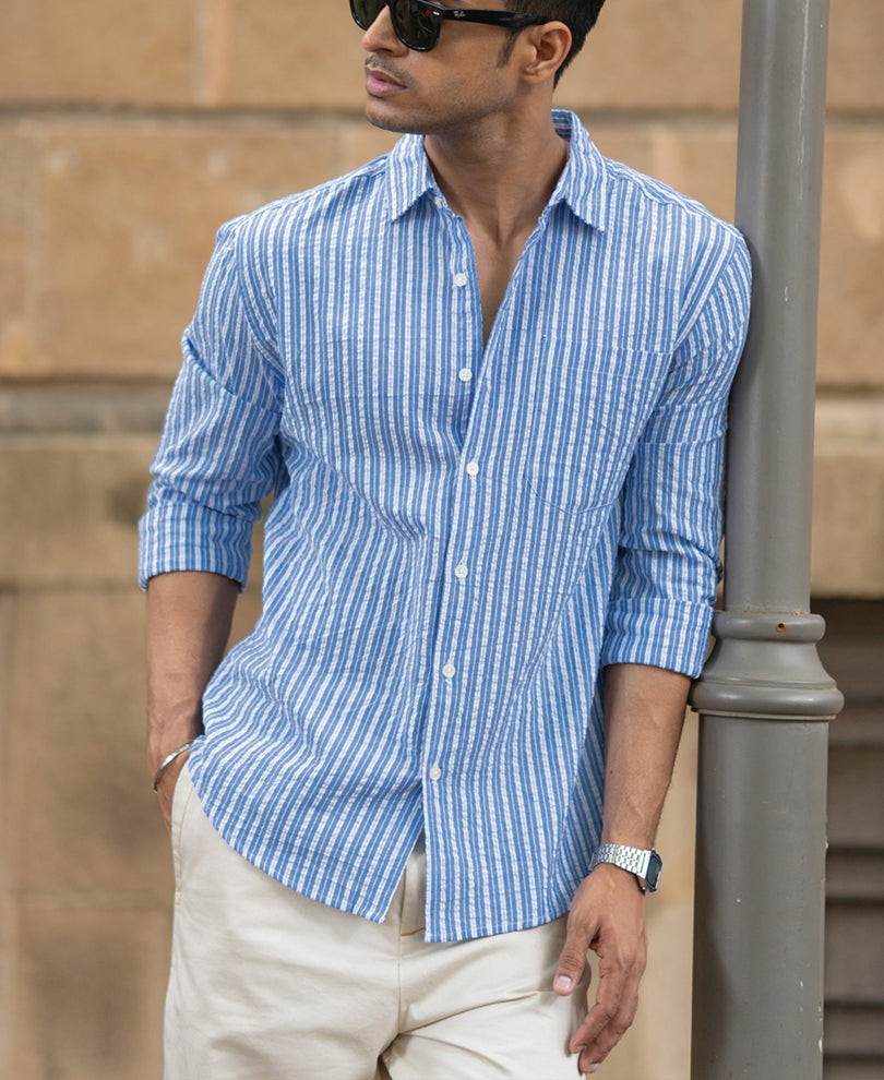 Blue Seersucker Striped Shirt.