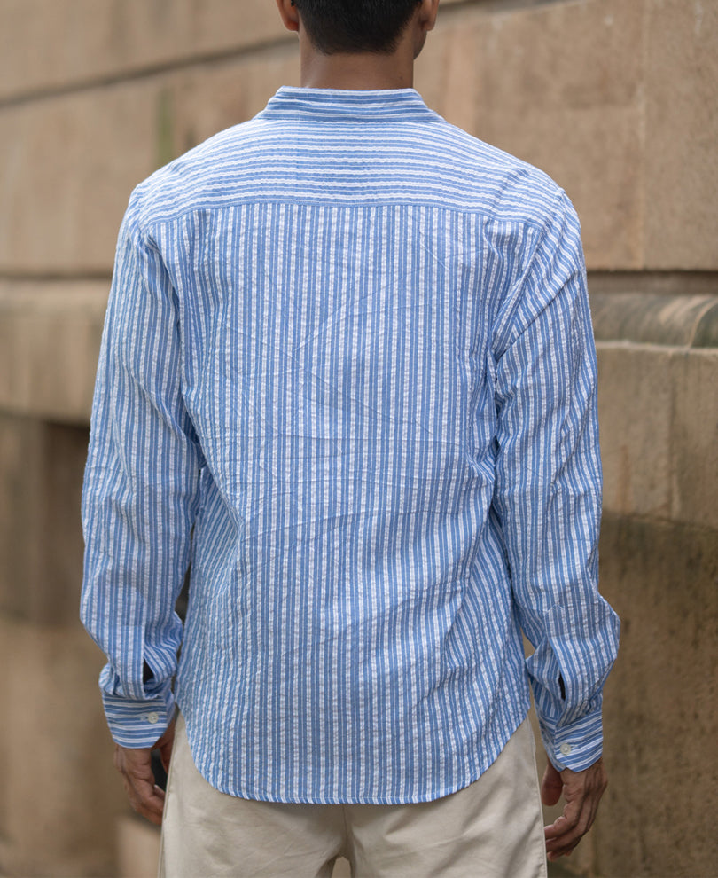 Blue Seersucker Striped Shirt.