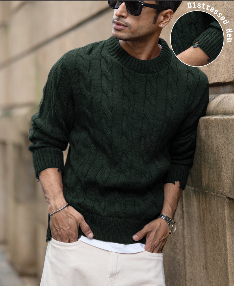 Pine Distressed Cable Knit T-Shirt.