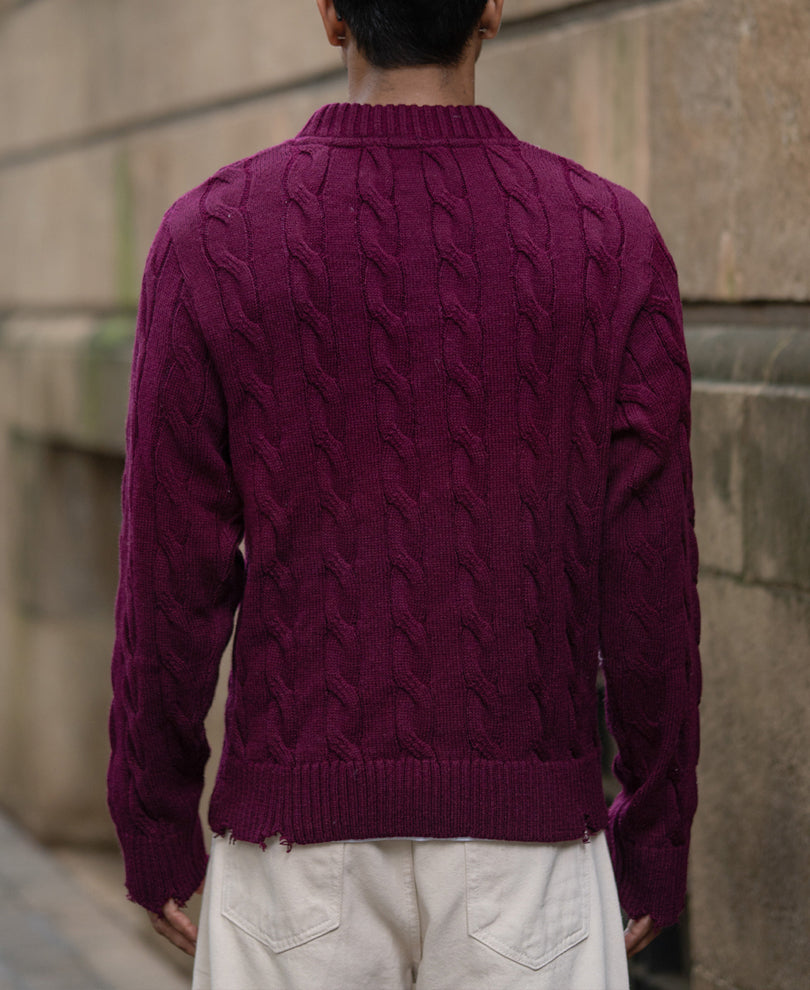 Wine Distressed Cable Knit T-Shirt.