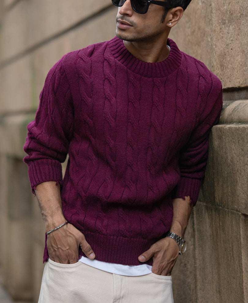 Wine Distressed Cable Knit T-Shirt.