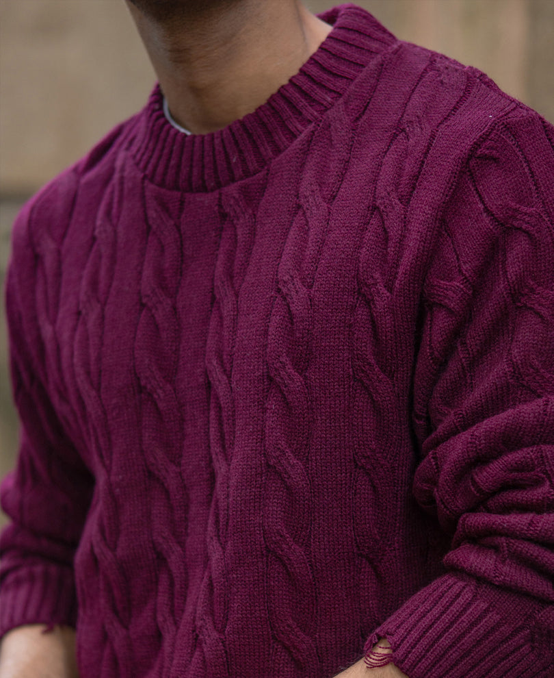 Wine Distressed Cable Knit T-Shirt.