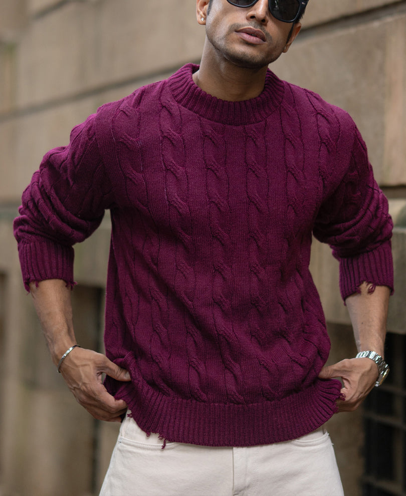 Wine Distressed Cable Knit T-Shirt.