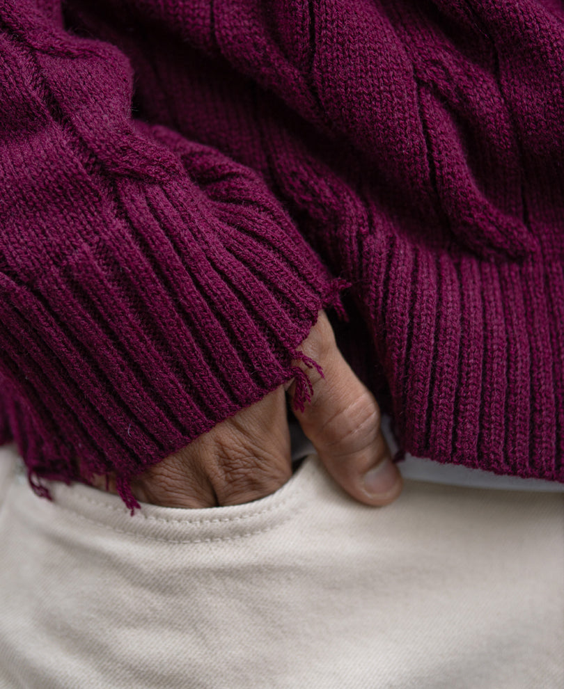 Wine Distressed Cable Knit T-Shirt.