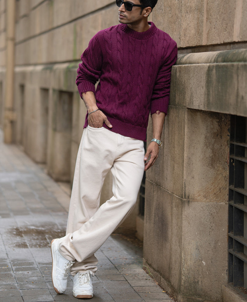 Wine Distressed Cable Knit T-Shirt.