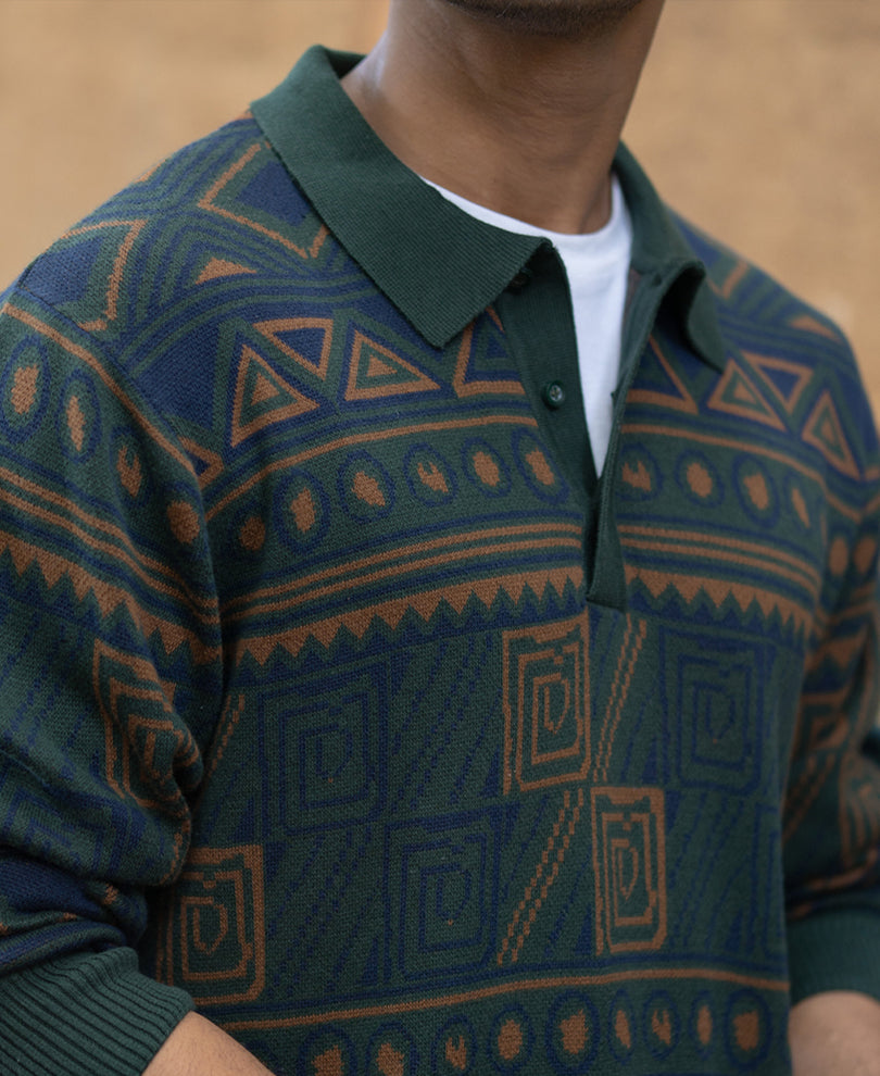 Multicolour Geometric Jacquard Knit T-Shirt.