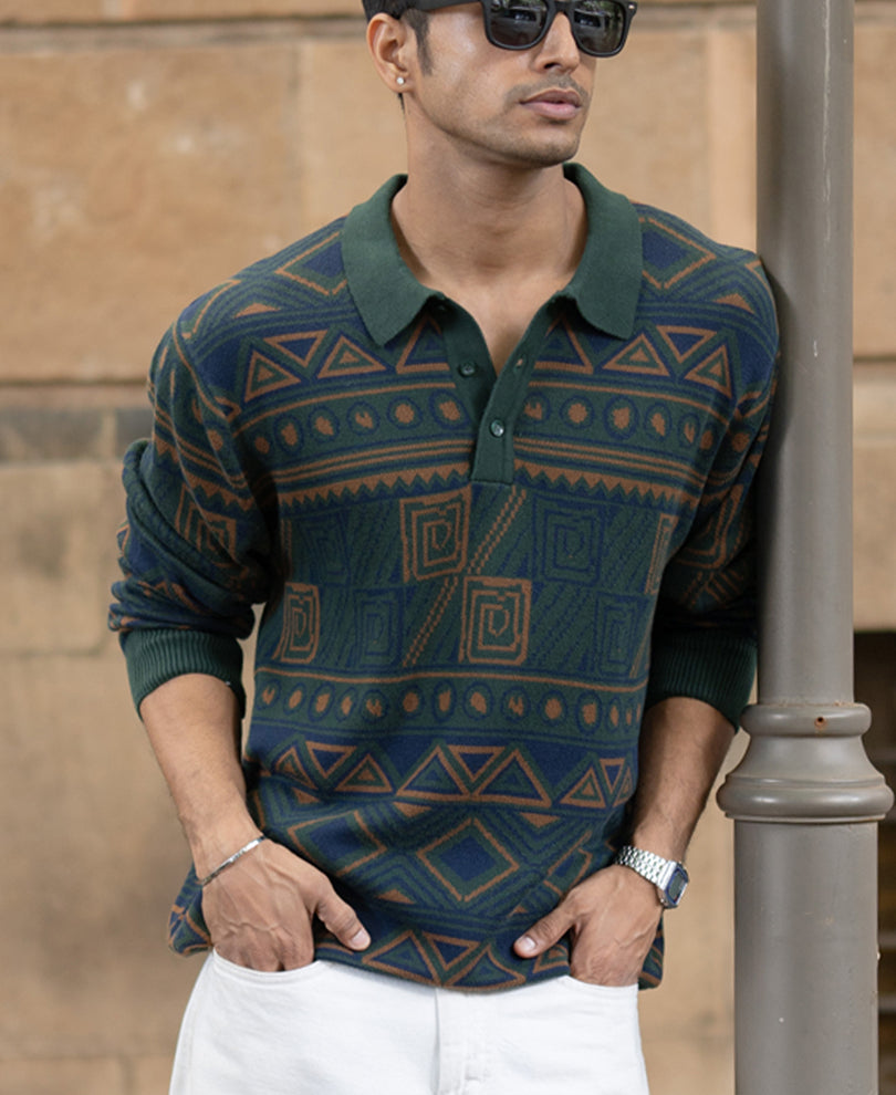 Multicolour Geometric Jacquard Knit T-Shirt.