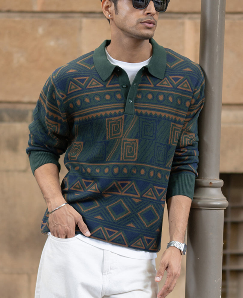 Multicolour Geometric Jacquard Knit T-Shirt.