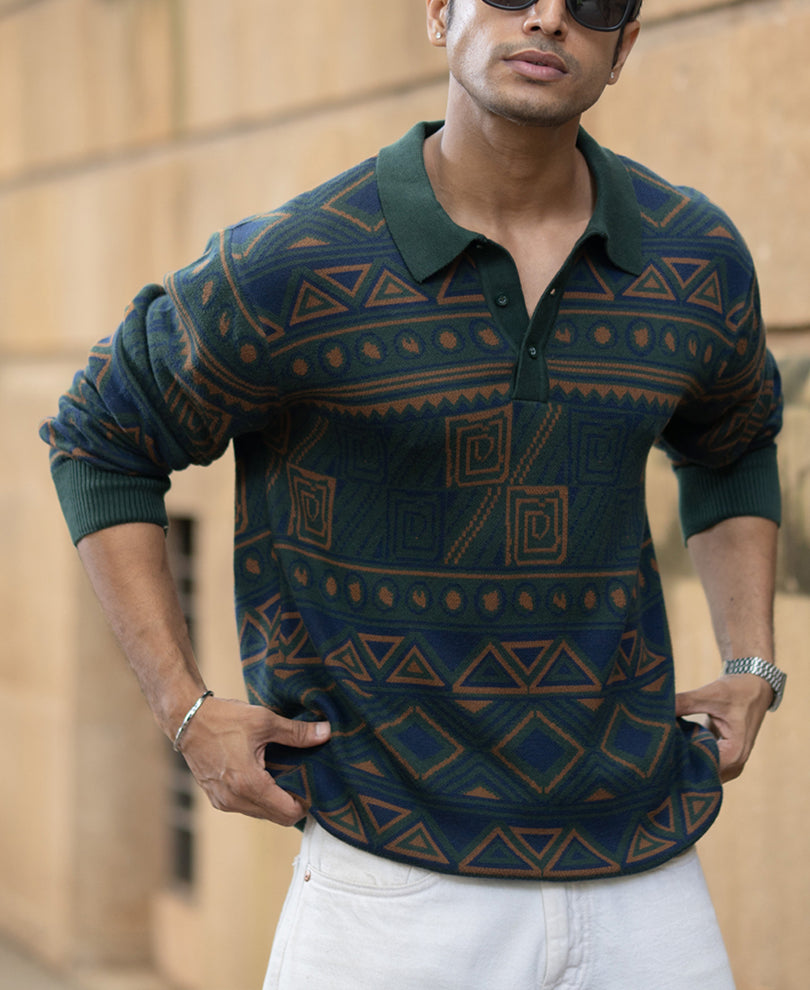 Multicolour Geometric Jacquard Knit T-Shirt.