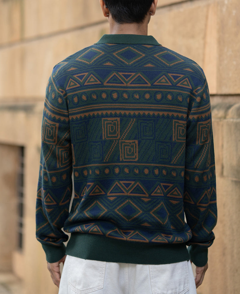 Multicolour Geometric Jacquard Knit T-Shirt.