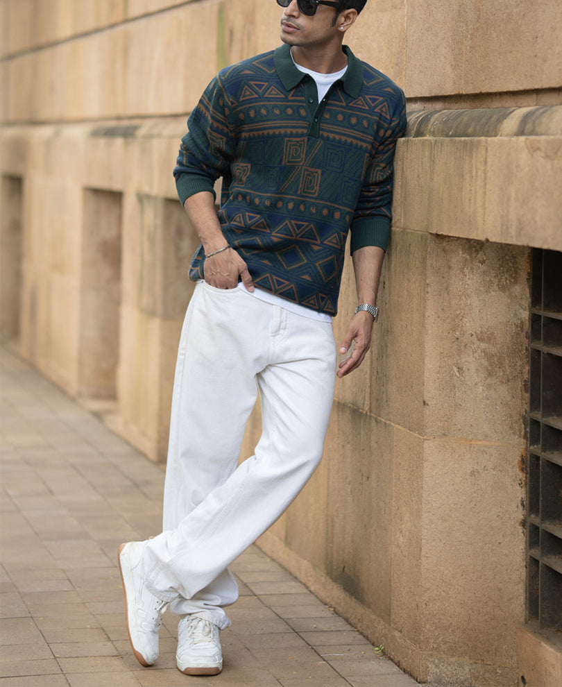 Multicolour Geometric Jacquard Knit T-Shirt.