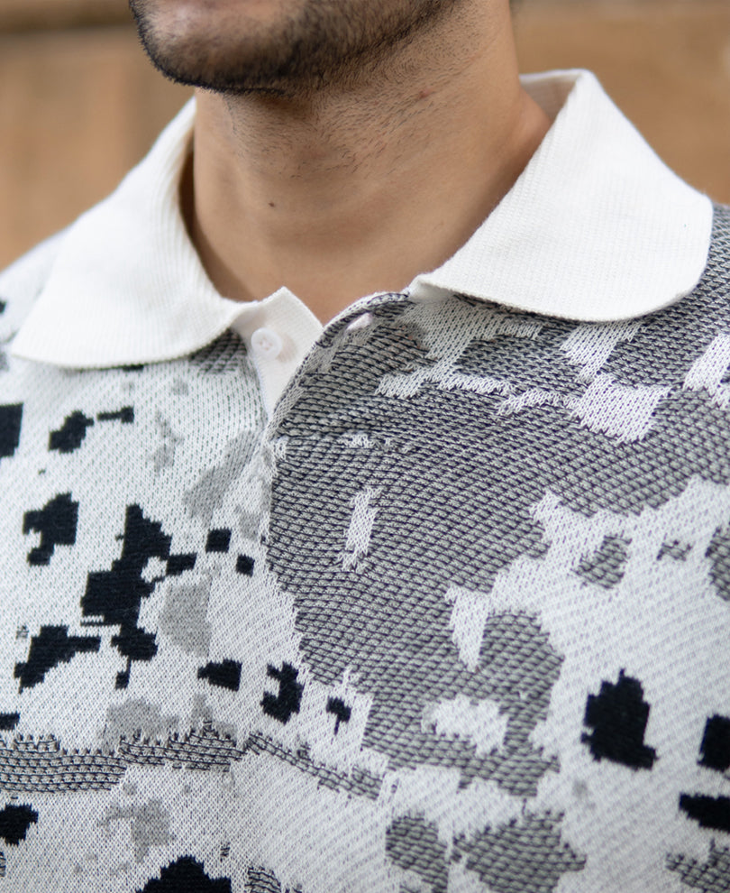 Grey Jacquard Knit T-Shirt.