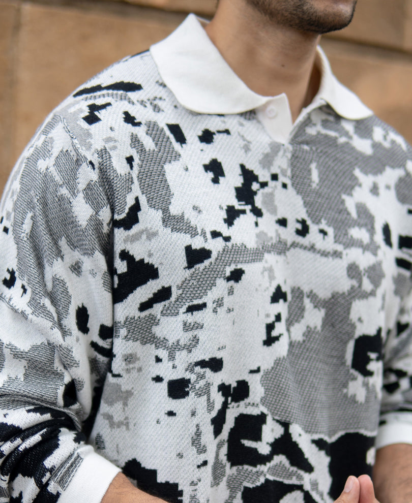 Grey Jacquard Knit T-Shirt.