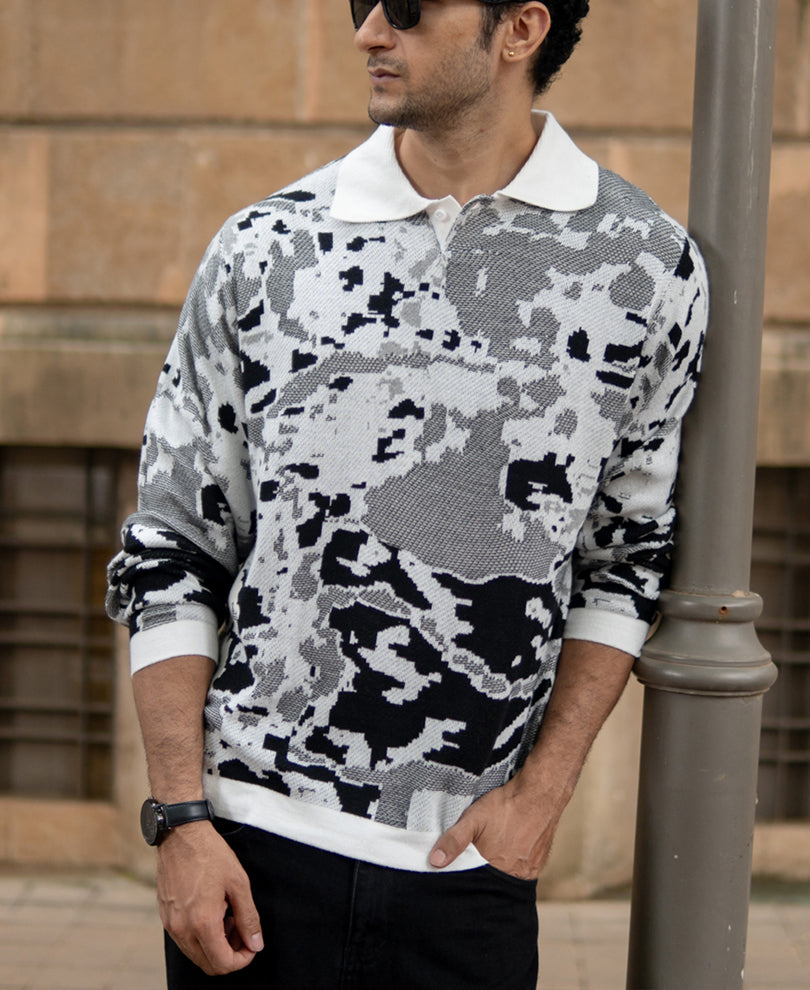 Grey Jacquard Knit T-Shirt.