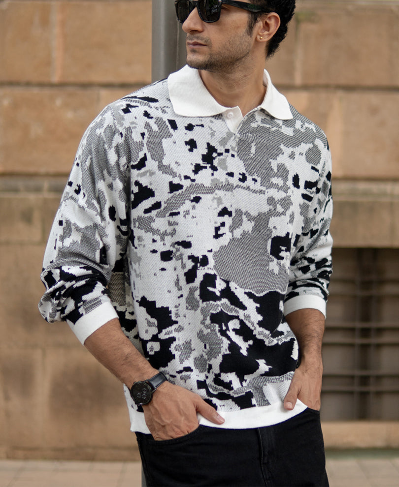 Grey Jacquard Knit T-Shirt.
