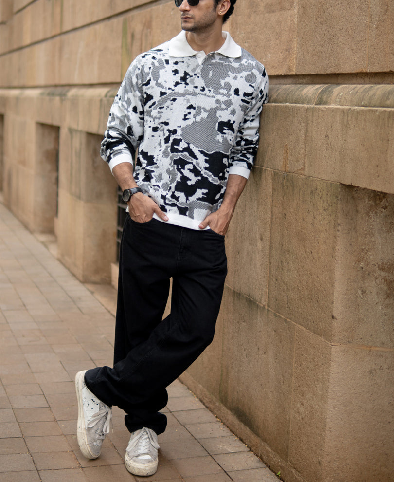 Grey Jacquard Knit T-Shirt.