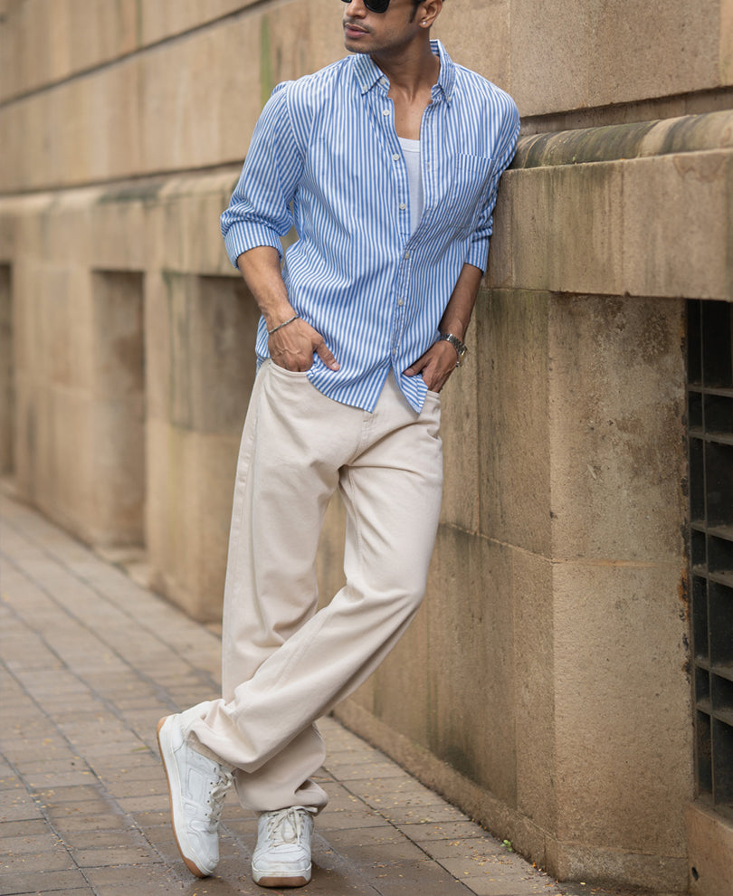 Blue Cotton Striped Buttondown Shirt.