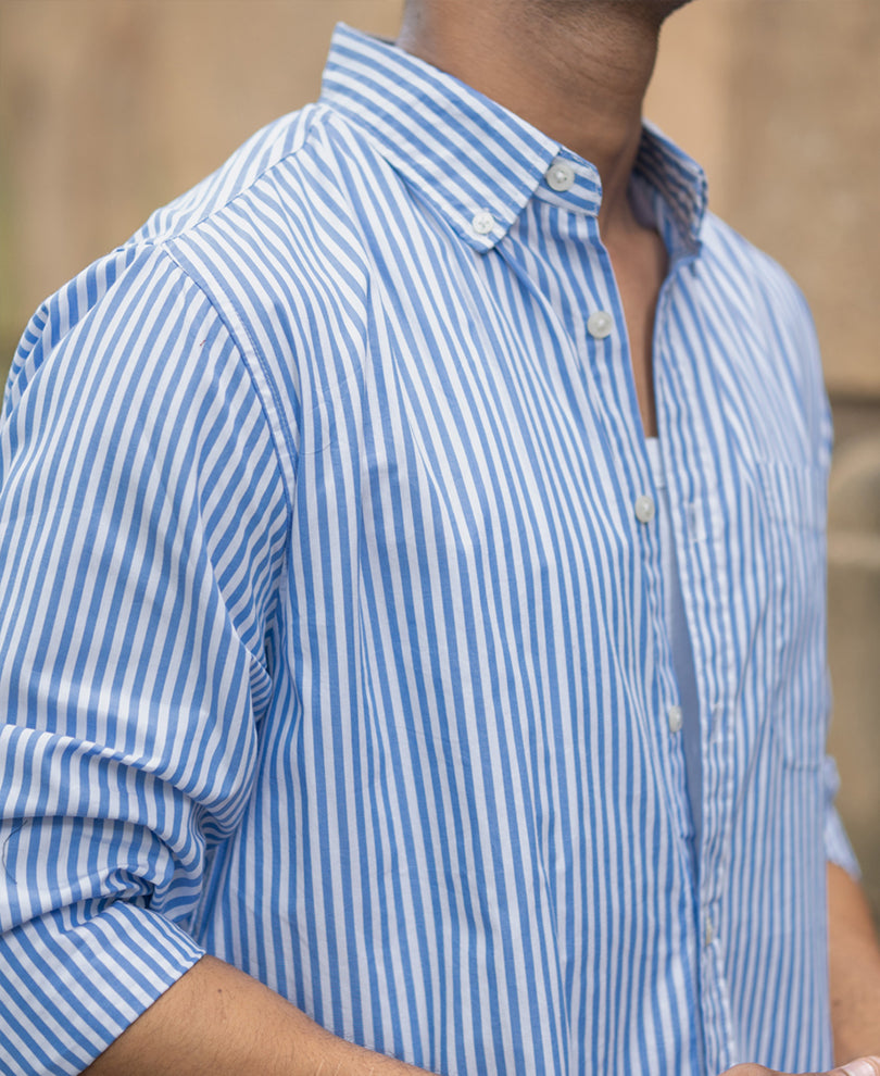 Blue Cotton Striped Buttondown Shirt.