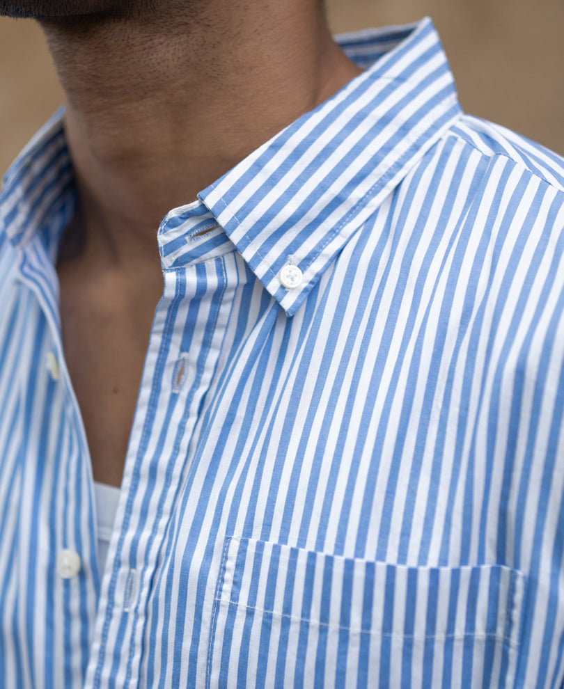 Blue Cotton Striped Buttondown Shirt.