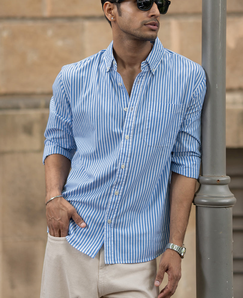 Blue Cotton Striped Buttondown Shirt.