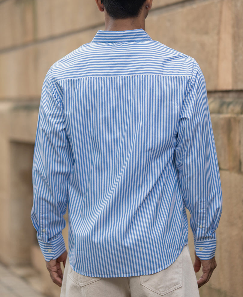 Blue Cotton Striped Buttondown Shirt.