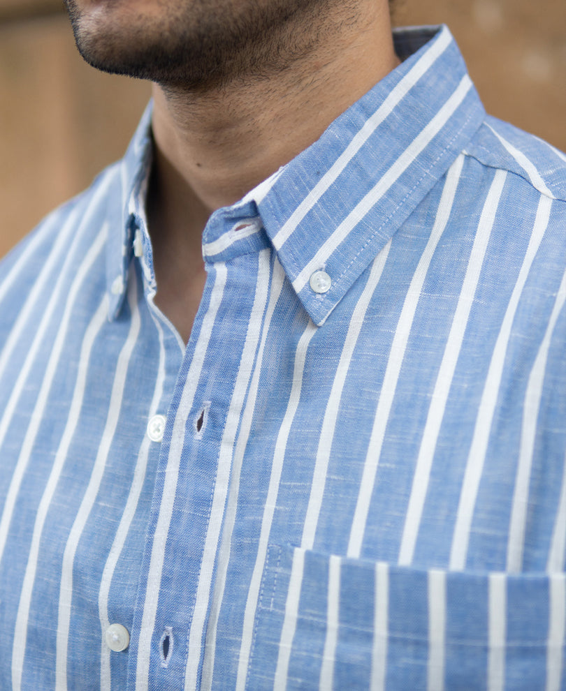 Blue Slub Stripe Buttondown Shirt.