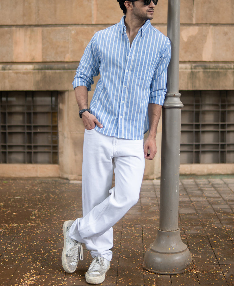 Blue Slub Stripe Buttondown Shirt.