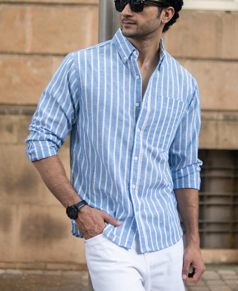 Blue Slub Stripe Buttondown Shirt.