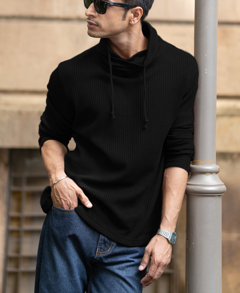 Black Structured High Neck T-Shirt.