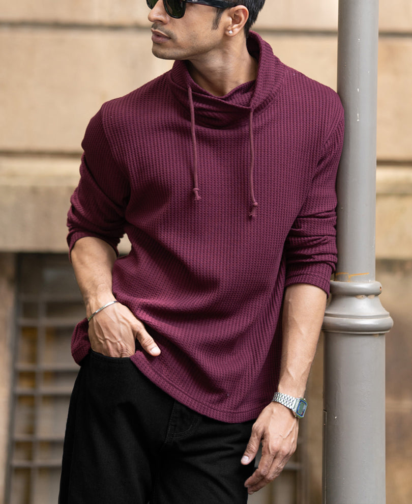 Wine Structured High Neck T-Shirt.