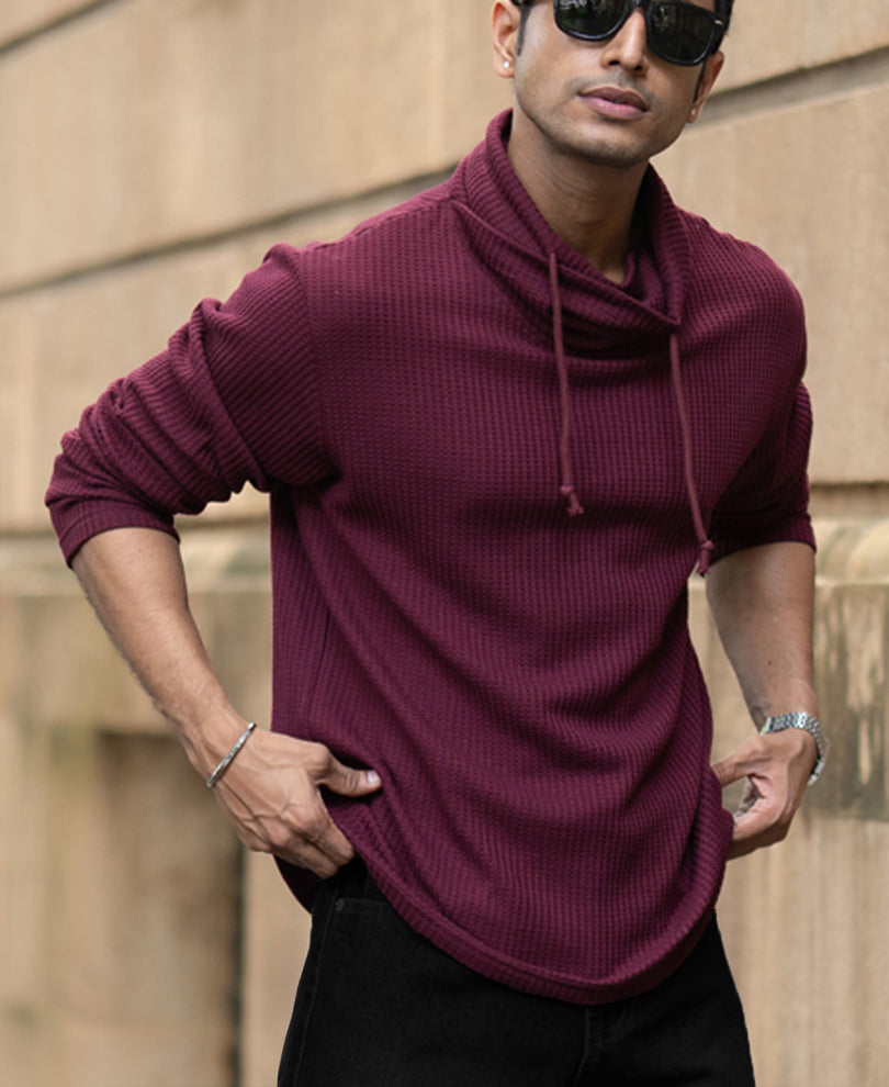 Wine Structured High Neck T-Shirt.