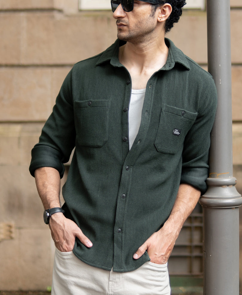 Dark Olive Knit Shirt With Pockets.
