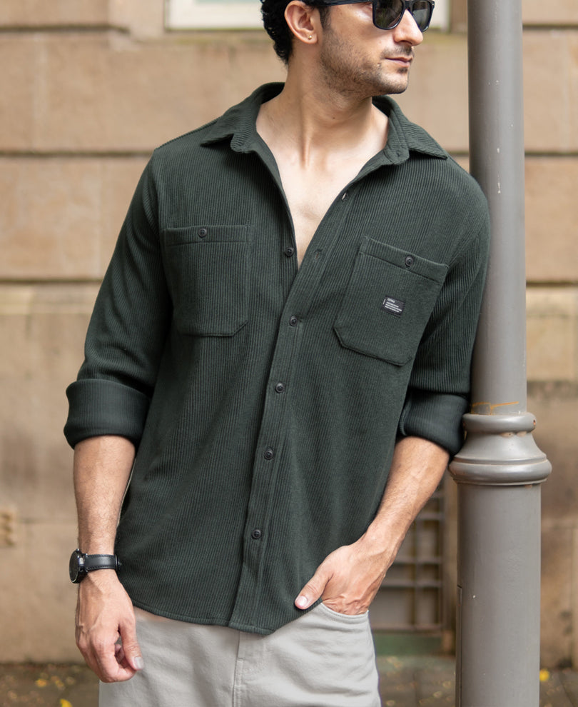 Dark Olive Knit Shirt With Pockets.