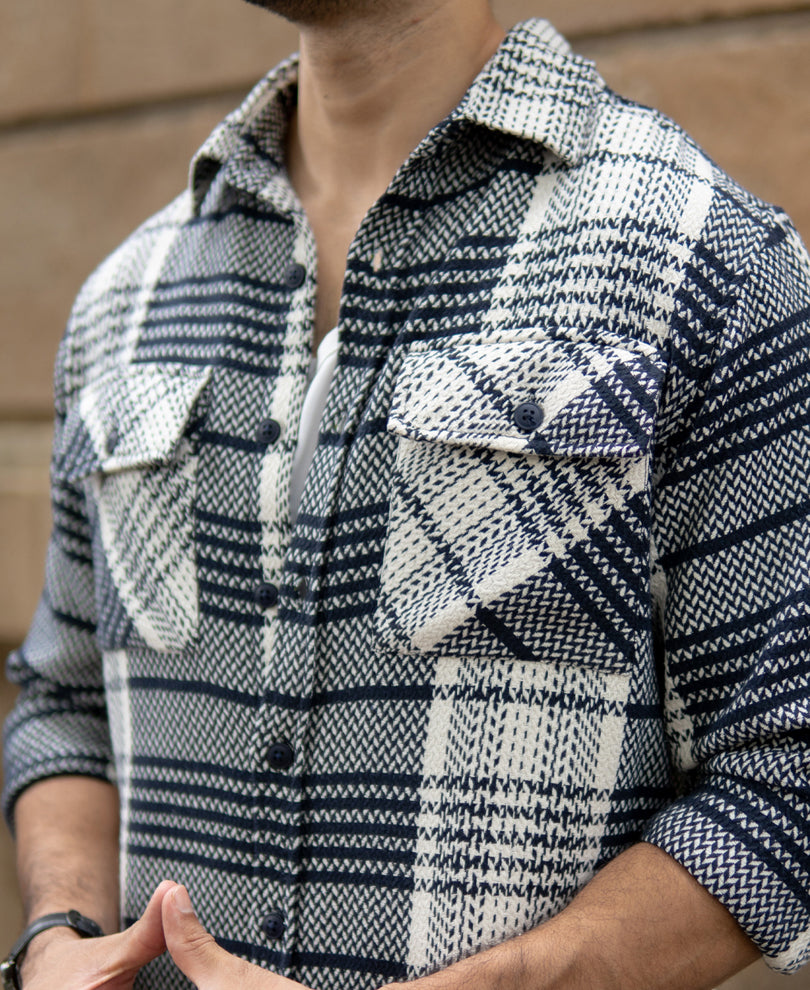 White And Navy Structured Checks Shirt.